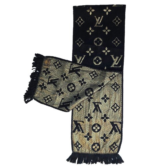 LOUIS VUITTON LV Vintage Black & Gold Monogram Scarf Scarves - Picture 1 of 7